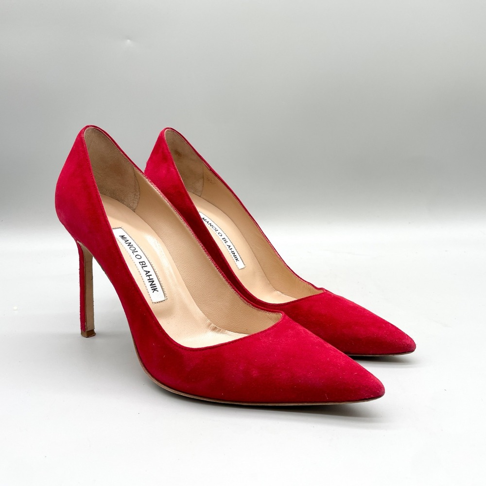 Manolo Blahnik Womens 38 BB Pointed Toe Stiletto Pumps Red Suede Heels Classic